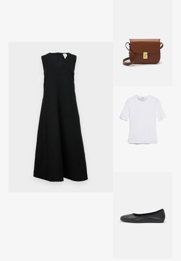 Vestido negro sin mangas con escote en V, de corte relajado y falda amplia. La tela parece suave, sin patrones ni acentos visibles.; Camiseta de manga corta blanca hecha de tela de canalé. Cuello redondo, corte regular y detalles de costura sutiles. Sin patrones ni gráficos.; Bailarina de piel negra con punta redondeada, textura suave, detalle de costura minimalista y diseño de suela flexible.; Bolso de mano de cuero marrón con cierre de solapa, herrajes en tono dorado, correa para el hombro y una textura suave. Forma rectangular compacta.