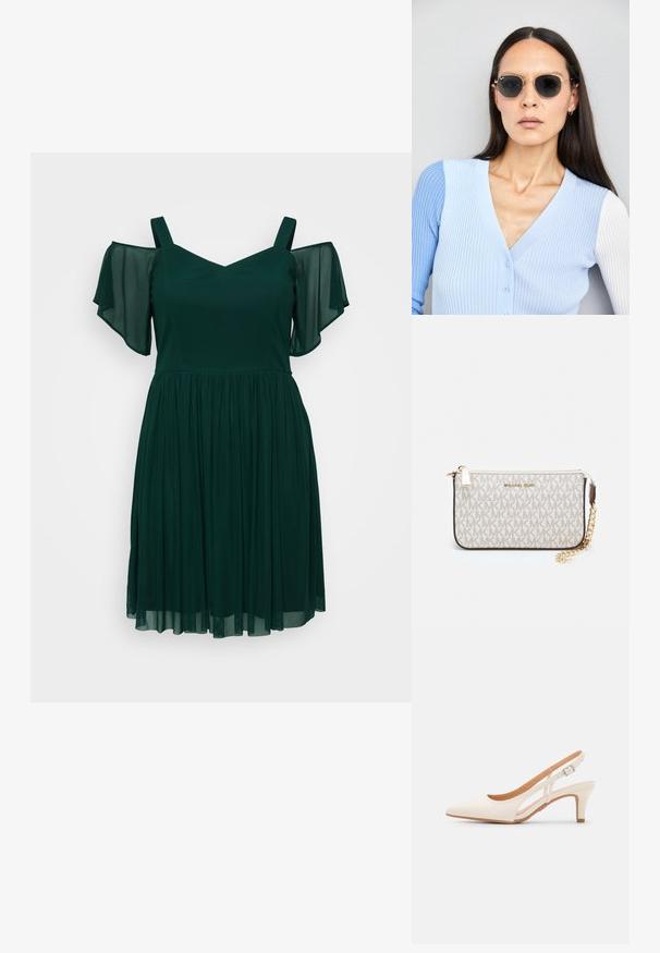 Tumši zaļš kleita ar V veida kakla izgriezumu, atvērtām plecu īsām piedurknēm un plūstošu ceļgala garuma svārku, izgatavota no viegla auduma.; Baltas siksniņveida papēdis ar smailu purngalu, gludu augšējo materiālu, zemu blokpapēdi un sānu izgriezumu dizainu ar regulējamu sprādzi.; Apaļas saulesbrilles ar tumšiem objektīviem un zeltītām rāmēm. Modelis valkā gaiši zilu, ribotu kardigānu ar pogām un kontrastējošām baltām piedurknēm.; Michaela Korsa rokassomi bez̦ā īšojuma, kas izgatavota no apklāta kanvas, iekļaujot atkārtotu MK logotipa rakstu, zelta aparatūru un noņemamu ķēdes siksnu.