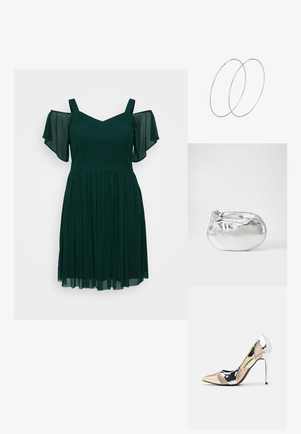 Tmavě zelené šaty s výstřihem do V, krátkými rukávy s odhalenými rameny a lehkou, splývavou sukní po kolena.; Lodička s špičatou špičkou a kombinací stříbrné, zlaté a tělové barvy. Lesklý povrch s vykrojeným designem, s jehlovým podpatkem.; Stříbrná kovová taška s měkkým, zaobleným tvarem a uzávěrem s uzlem. Vyrobena z hladké umělé kůže.; Stříbrné kruhové náušnice s minimalistickým designem. Kruh, hladký povrch a tenký profil. Lehká konstrukce s lesklým povrchem.
