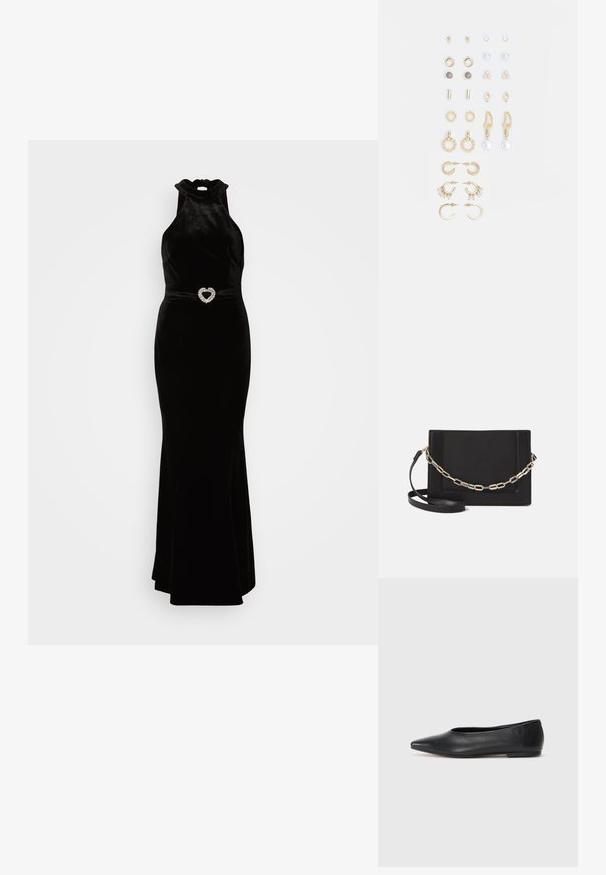 Melnas samta kleita ar augstu halter kakla dizainu un pieguļošu siluetu, kurai ir sirdī formas pērlīšu josta. Gluda tekstūra.; Melna ādas baleta kurpe, ar norādītu purngalu, minimālisma dizains, gluda tekstūra, zema papēža augstums, bez redzamiem aksesuāriem vai rotājumiem.; Melna ādas crossbody soma ar gludu faktūru, taisnstūrveida formu un metalizētu ķēdes detaļu priekšā. Iekļauta regulējama siksna.; Zeltainā tonī auskari, kas iekļauj dažādus dizainus, tostarp pīrsingu, gredzenus un karājošus elementus ar pērlēm un rhinestones.