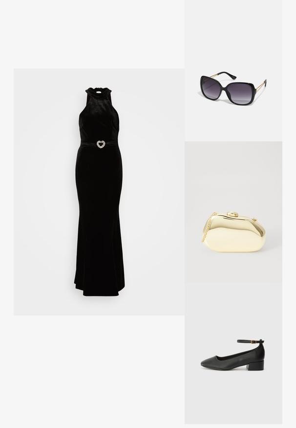 Crna baršunasta haljina s visokim dekolteom i prilagođenim siluetom, sa detaljem u obliku srca od kristala. Glatka tekstura.; Crne kožne pumpe s oštrim vrhom i niskom blok petom. Sadrže remen oko gležnja s zlatnim kopčanjem. Glatka tekstura.; Crne prevelike sunčane naočale s gradijentnim lećama, debelim okvirom i zlatnim lancem kao detaljem na krakovima.; Metalni zlatni clutch s glatkim, zaobljenim oblikom, s gornjim kopčom na dugme i malim lancem za nošenje.