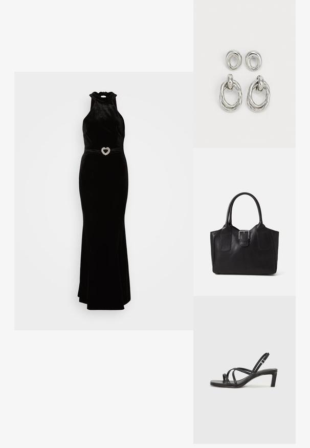 Fekete bársonyruha magas nyakú, kivágott fazonban, szív alakú strasszköves övvel díszítve. Simább tapintású.; Fekete pántos szandál négyzetes orral és alacsony blokk sarkal. Több vékony pánttal és állítható boka pánttal rendelkezik. Sima bőrből készült.; Fekete bőr bevásárlótáska sima textúrával, strukturált formával, két fogantyúval és egy figyelemfelkeltő ezüst csattal az elején.; Ezüst árnyalatú fém fülbevalók, melyek két különböző dizájnnal rendelkeznek: egy csavart kör alakú karika és egy sima kör alakú stift. A fényes felület fokozza az eleganciát.
