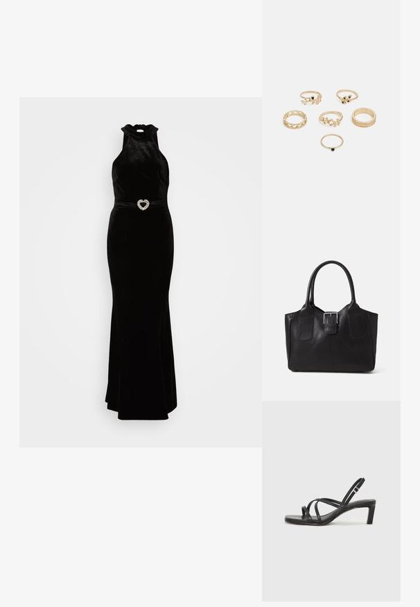 Black velvet dress with a high halter neck and a fitted silhouette, featuring a heart-shaped rhinestone belt detail. Smooth texture.; Black strappy sandal with a square toe and a low block heel. Features multiple thin straps and an adjustable ankle strap. Made of smooth leather.; Black leather tote bag with smooth texture, structured shape, two handles, and a prominent silver buckle detail on the front.; Set of six gold rings featuring various designs: braided, leaf motifs, and solid bands; some with green gemstone accents.