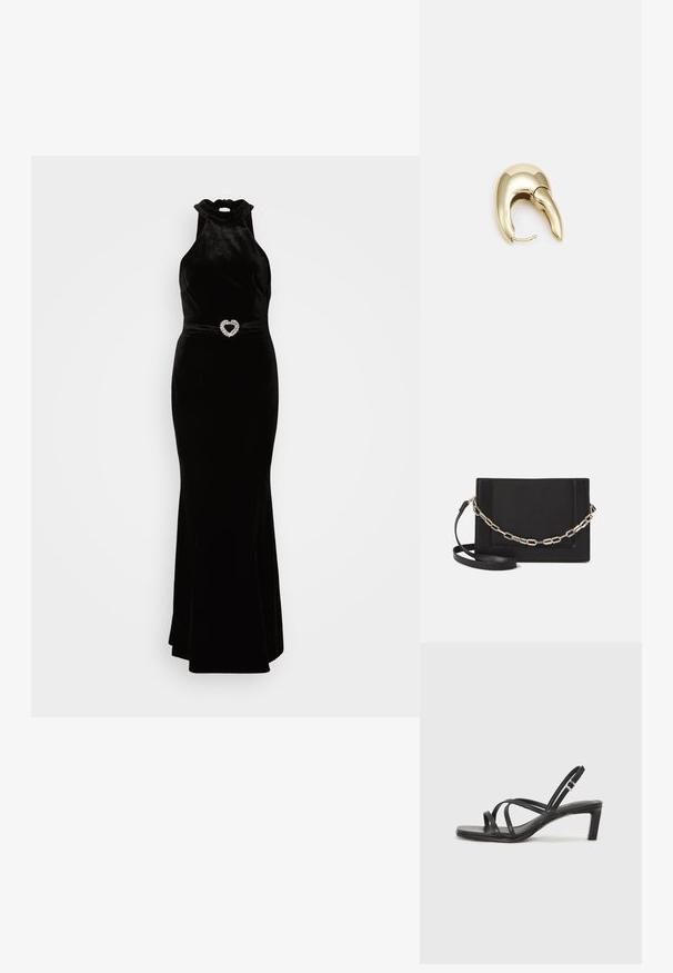Melnas samta kleita ar augstu halter kakla dizainu un pieguļošu siluetu, kurai ir sirdī formas pērlīšu josta. Gluda tekstūra.; Melnas strappy sandales ar kvadrātveida purngaliem un zemu bloku papēdi. Ievērojamas ar vairākiem plāniem siksniņām un regulējamu potītes siksniņu. Izgatavotas no gludas ādas.; Melna ādas crossbody soma ar gludu faktūru, taisnstūrveida formu un metalizētu ķēdes detaļu priekšā. Iekļauta regulējama siksna.; Zeltīti metāla auskari ar gludu, izliekta dizaina. Ar atšķirīgu smailu formu, pulētu virsmu un eņģu aizdari.
