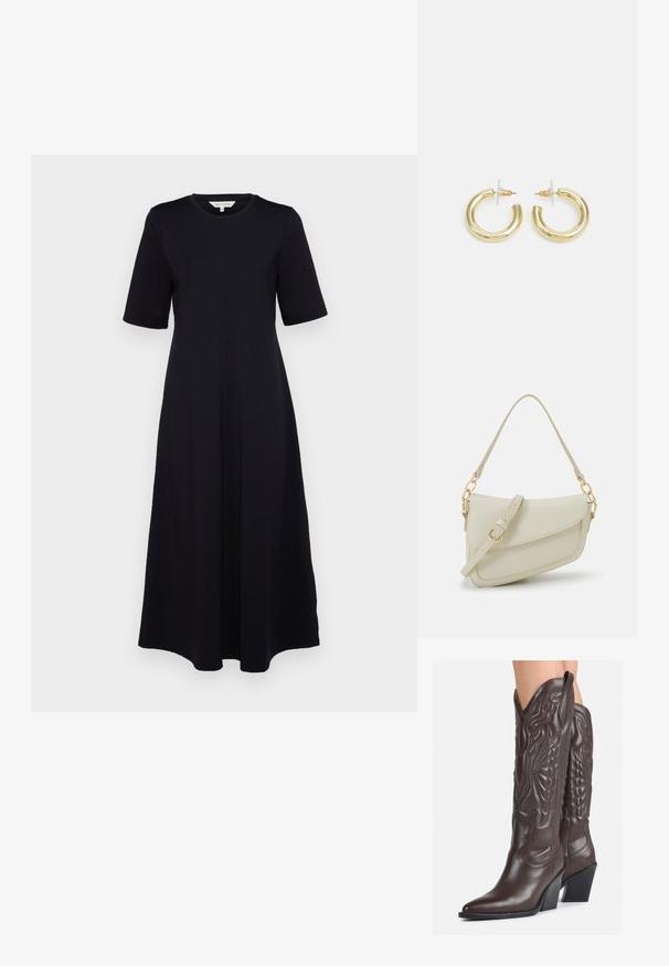 Črna obleka s kratkimi rokavi in okroglim izrezom. Ima prilegajoč bodice in padajočo krilo. Narejena iz lahkega materiala.; Rjave usnjene kavbojske čevlje z ostrim nosom in blok peto, ki vsebujejo podrobno šivanje in dvignjene dodatke na zgornjem delu.; Mala kremna torbica z teksturiranim zaključkom, dolgim nastavljivim trakom, verižnim poudarkom in zapiranjem na poklop. Detajli iz zlatega kovinskega materiala.; Zlate uhane v obliki obročkov z gladko, sijočo površino. Krožna zasnova s majhnim nosilcem in prozornim podplatom za varno nošenje.