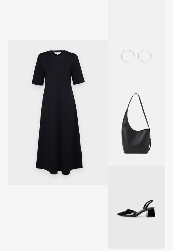 Fekete ruha rövid ujjakkal és kerek nyakkivágással. Szűkített testhez álló fazon, folyós szoknyával. Könnyű anyagból készült.; Fekete lakk bőr szandálkés magas sarkú cipő, hegyes orral és geometrikus tömbsarkakkal. Karcsú, minimalista dizájn és sima textúra jellemzi.; Fekete bőr hobo táska sima textúrával, ívelt formával és egyetlen állítható pánttal; széles nyílás található a tetején.; Ezüst karika fülbevalók, letisztult, kerek formával, sima felülettel és látható díszítés nélkül. A átmérő nem megadott.