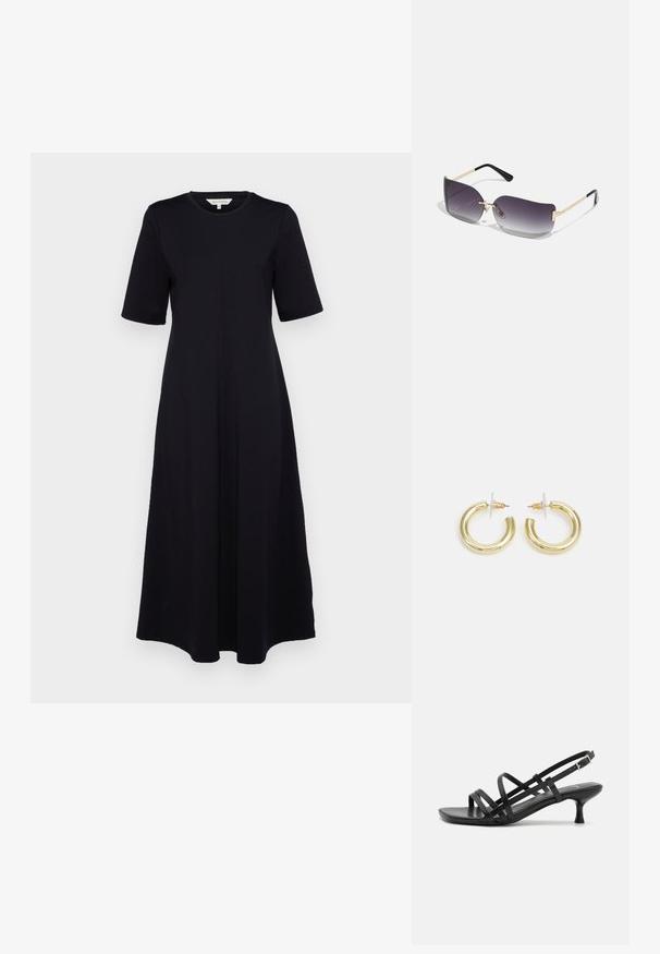Černé šaty s krátkým rukávem a kulatým výstřihem. Mají přiléhavý top a splývavou sukni. Vyrobeny z lehkého materiálu.; Černé sandály na podpatku s několika křížovými pásky. Hladký materiál, špičatá špička a úzký podpatek. Nastavitelný pásek kolem kotníku s přezkou.; Sluneční brýle s šedým gradientním sklem, zlatým kovovým rámem a černými plastovými akcenty. Unikátní čočky ve tvaru motýla s tenkými nožičkami.; Zlaté kruhové náušnice s hladkým, lesklým povrchem. Kruhový design s malým kolíčkem a průhledným záznamem pro bezpečné nošení.