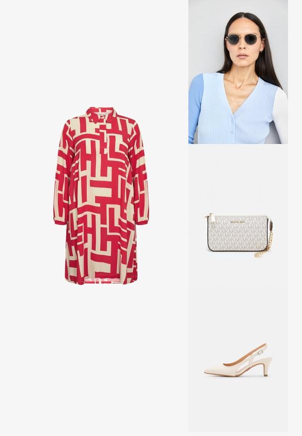 Rdeča in bež obleka s patternom, ovratnikom, rokavi do tri četrtine in geometrijskimi vzorci po tkanini.; Bela slingback peta z ostrim nosom, gladka zgornja prevleka, nizka blok peta in zasnova z stranskimi izrezi ter nastavljivim trakom z zaponko.; Okrogle sončna očala s temnimi lečami in zlatimi okvirji. Model nosi svetlo modro, rebrasto jakno s gumbi in belimi rokavi v kontrastni barvi.; Michael Kors denarnica v bež lakiranem platnu z mišičnim vzorcem ponavljajočega se logotipa MK, z zlatim okovjem in snemljivo verižico.