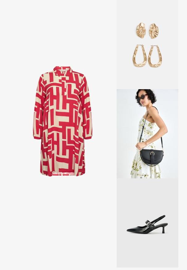 Crvena i bež haljina s uzorkom, s ovratnikom, rukavima do tri četvrtine i geometrijskim dizajnom po cijelom materijalu.; Crne lakirane slingback potpetice s oštrim prstom i malom blok petom, s naglaskom na srebrnoj kopči na remenu.; Crna kožna torba s lukovitim oblikom, odvojivim remenom i zlatnim detaljima. Torba ima preklop s kopčom.; Naušnice zlatne boje s teksturiranim, valovitim oblicima. Uključuju skulpturalne kopče i dizajn otvorene kružnice s kovanom završnom obradom.