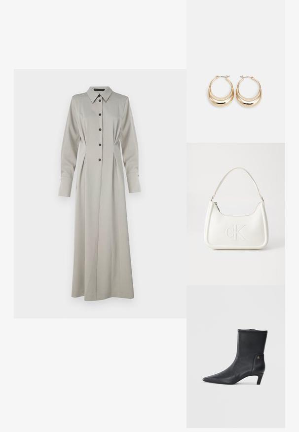DRYKORN KAMALA - Rochie tip cămașă - brown; Botine din piele neagră cu vârf ascuțit și toc mic. Au o textură netedă și un detaliu mic cu un logo auriu pe lateral.; Geantă de umăr din piele albă cu formă curbată, având un logo "CK" embosat pe partea din față și un singur braț de umăr. Închidere cu fermoar în partea de sus.; Cercei tip hoop cu tonuri de aur, în formă de semilună, cu suprafață lustruită și închidere cu balama. Textură netedă și finisaj reflectant care îmbunătățesc vizibilitatea.