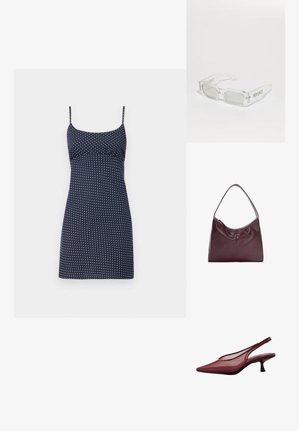 Mornarsko modra obleka s belimi pikami, ki ima tanke nastavljive naramnice in prilegajoč zgornji del, ki se nekoliko razširi pri robu.; Burgundske slingback čevlje s koničastim nosom in mrežastim zgornjim delom. Imajo tanek peto in obliko z izrezom, kar zagotavlja eleganten izgled.; Prozorne plastične sončne očala s sivočrnimi lečami, pravokotne oblike, z vdrtim logotipom "Versace" na šipah, ki predstavljajo sodoben dizajn.; Burgundska usnjena hobo torba s ukrivljenim ročajem in mehko, teksturirano telo. Ima zadrgo in minimalne šive.