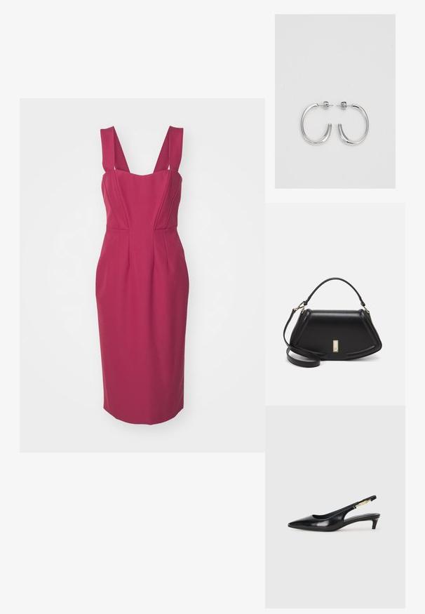 Dopasowana sukienka midi w głębokim różowym kolorze, z szerokimi ramiączkami, dekoltem w kształcie serca i wyprofilowanymi panelami, które nadają kształt.; Czarne skórzane szpilki typu slingback z ostrym noskiem, posiadające smukły obcas i złoty akcent na regulowanym pasku. Gładka tekstura.; Czarna skórzana torebka o strukturalnym designie, z przyciętą formą, górnym uchwytem i złotymi akcentami. W zestawie regulowany pasek na ramię.; Srebrne kolczyki na biglu o gładkim, błyszczącym wykończeniu. O zaokrąglonym kształcie, lekkim designie, z zamknięciem na zatrzask.