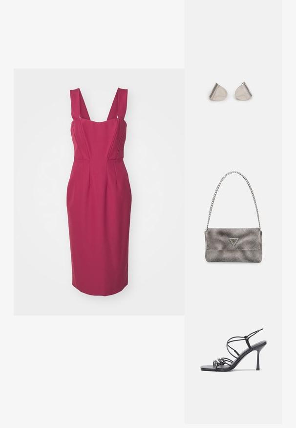 Oblé midi šaty v tmavě růžové látce, s širokými ramínky, výstřihem ve tvaru srdce a tvarovanými panely pro zvýraznění siluety.; Černé high-heeled sandály mají tenké pásky s uzlovým designem, hladký čtvercový špičku a elegantní jehlový podpatek.; Světle šedá kovová kabelka s řetízkem, zdobená malými kulatými kovovými cvočky a trojúhelníkovým logem značky.; Stříbrné kovové náušnice s hladkým tvarem slzy a lesklým povrchem. Jemné rytiny přidávají detail. Minimalistický design.