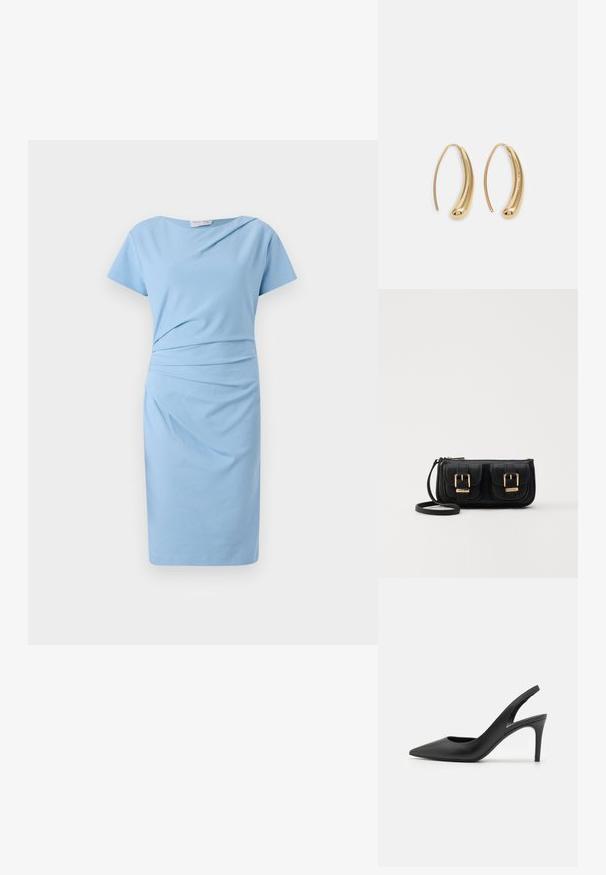 Lyseblå kjole i myk stoff med korte ermer, figursydd liv og rysjedetaljer i midjen. Knelang med en glatt overflate.; Sorte skinnslingback hæler med spiss tå-design, som har et utsnitt foran og en tynn stilettohæl.; Svart skinn crossbody veske med to frontlommer, gyldne spenner, glidelåslukking og en slank stropp. Teksturert overflate og kompakt rektangulær form.; Gullfargede metalløredobber med en buet, forlenget form. Har en jevn, blank overflate og en avrundet tupp for ekstra detaljer.