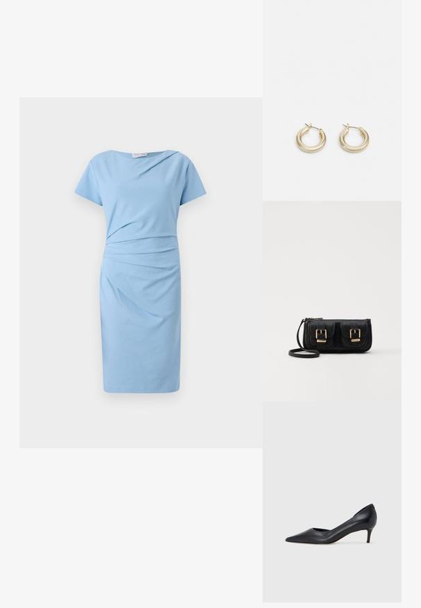 Svetlomodré šaty z jemnej látky s krátkymi rukávmi, priliehajúcim živôtikom a zberaním v oblasti pásu. Dĺžka po kolená s hladkým povrchom.; Čierny kožený lodička s špičatou špičkou a nízkym opätkom. Má hladkú textúru a jemný lesk. Vpredu je otvorený výrez pre zvýraznenie detailu.; Čierna kožená crossbody taška s dvoma prednými vreckami, zlatými sponami, zipsovým uzatváraním a úzkym popruhom. Štruktúrovaný povrch a kompaktný obdĺžnikový tvar.; Lauren Ralph Lauren BASIC SMALL HOOP - Náušnice - gold-coloured