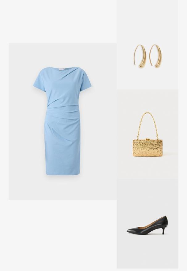 Šviesiai mėlyna suknelė iš minkštos medžiagos, su trumpomis rankovėmis, prigludusiu palaidinuku ir susirinkimo detalėmis ties liemeniu. Kelio ilgio, su lygiu apdailu.; Juodos odinės aukštakulnės bateliai su smailiu nosiu, žemu kulnu ir lygiu paviršiumi. Priekyje yra nedidelis atvirumas, o gale minimalus apdaila.; Auksinė blizgučių rankinė, stačiakampio formos, su susuktos grandinėlės rankena ir metaliniu užsegimu, atspindinti šviesą su tekstūruotu paviršiumi.; Auksinės metalinės auskarų kabės su lenktą, pailgą forma. Turi lygų, blizgantį paviršių ir užapvalintą galiuką papildomam akcentui.