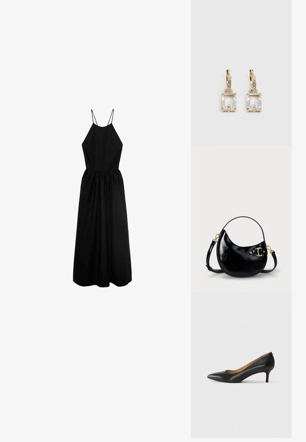 Svart ärmlös klänning med hög hals, figurnära överdel och veckad kjol. Tillverkad av ett mjukt tyg och har tunna axelband.; Svart läderpumps med spetsig tå, låg klack och slät yta. Har en liten öppning framtill och minimal hårdvara bak.; Svart patenterad läderhandväska med en böjd form, justerbar rem och detaljer i guldton på sidan. Slät, glänsande yta.; Guldtonade örhängen med en rektangulär, klar kristall som hänger under en rad av små, runda klara accenter. Snygg, modern design.