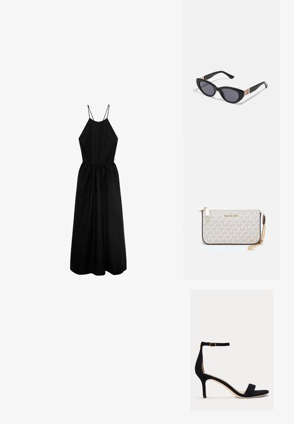 Musta ilmanhiha dressi, jossa on korkea kaula-aukko, hyvin istuva vartalonosa ja kerrottu hame. Valmistettu sileästä kankaasta, jossa on ohuet olkaimet.; Lauren Ralph Lauren ALLIE MID HEEL SUEDE SANDAL - Sandaalit nilkkaremmillä - black; Guess Aurinkolasit - shiny black; Michael Kors kääröbeige pinnoitettua kangasta, jossa on toistuva MK-logo -kuvio, kultaiset yksityiskohdat ja irrotettava ketjuhihna.; Kultaiset metalliset korvakorut, joissa on aaltoileva muotoilu; sileä, heijastava pinta; epäsymmetrinen muoto; ei näkyviä kuvioita tai mekanismeja.