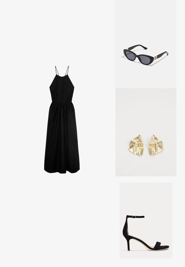 Zwarte mouwloze jurk met een hoge halslijn, getailleerde lijfje en een geplooide rok. Gemaakt van gladde stof, met dunne schouderbandjes.; Lauren Ralph Lauren ALLIE MID HEEL SUEDE SANDAL - Sandalen - black; Guess Zonnebril - shiny black; Gouden metallic oorbellen met een golvend ontwerp; glad, weerspiegelend oppervlak; asymmetrische vorm; geen zichtbare patronen of hardware.
