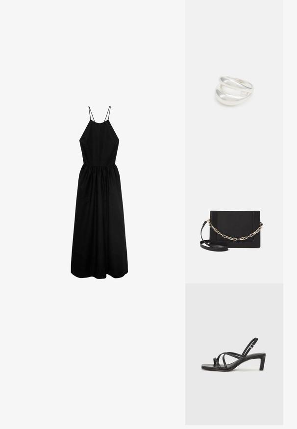 Zwarte mouwloze jurk met een hoge halslijn, getailleerde lijfje en een geplooide rok. Gemaakt van gladde stof, met dunne schouderbandjes.; Zwarte sandaal met bandjes, vierkante teen en een lage blokhak. Voorzien van meerdere dunne bandjes en een verstelbare enkelband. Gemaakt van zacht leer.; Zwarte leren schoudertas met een gladde textuur, rechthoekige vorm en een metallic kettingdetail aan de voorkant. Verstelbare schouderband inbegrepen.; Zilveren dubbele ring met een gladde, gepolijste oppervlakte. Heeft een vloeiende, gebogen vorm met overlappende secties voor een moderne uitstraling.