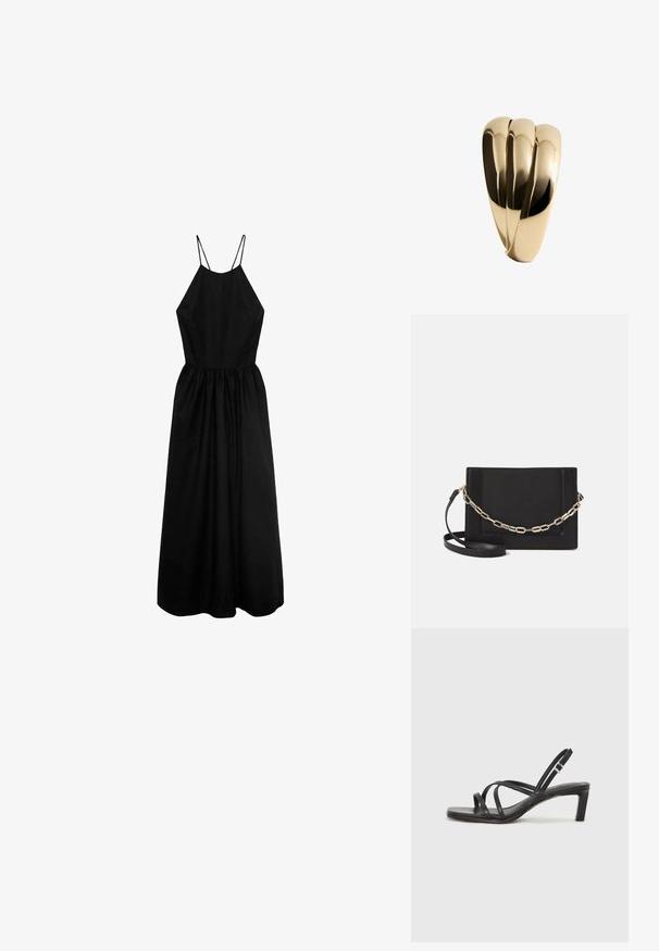 Zwarte mouwloze jurk met een hoge halslijn, getailleerde lijfje en een geplooide rok. Gemaakt van gladde stof, met dunne schouderbandjes.; Zwarte sandaal met bandjes, vierkante teen en een lage blokhak. Voorzien van meerdere dunne bandjes en een verstelbare enkelband. Gemaakt van zacht leer.; Zwarte leren schoudertas met een gladde textuur, rechthoekige vorm en een metallic kettingdetail aan de voorkant. Verstelbare schouderband inbegrepen.; Mango Armband - gold-coloured