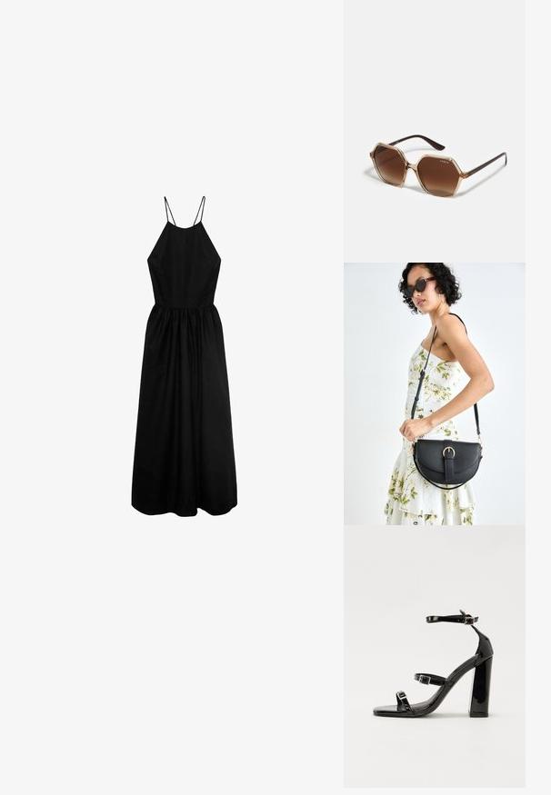 Černé bezramínkové šaty s vysokým výstřihem, upnutou korzetovou částí a nabranou sukní. Vyrobené z hladké tkaniny, s tenkými ramínky.; Černé lakované sandály na podpatku se čtveratou špičkou, lýtkovými pásky a stříbrnými přezkami. Disponují masivním blokovým podpatkem pro stabilitu.; Šestiboké sluneční brýle s hnědými gradientovými čočkami, transparentním béžovým rámem a tmavě hnědými stranami. Na boku se nachází značka "vogue".; Černá kožená kabelka s křivkovým tvarem, odnímatelným popruhem a zlatými detaily. Kabelka má klopu s přezkou.