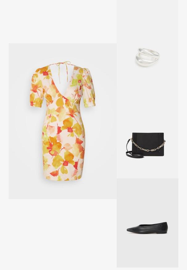Short floral dress in pink, featuring puff sleeves, a deep V-neckline, and watercolor-style yellow, orange, and red flower patterns.; Black leather ballet flat, pointed toe, minimalistic design, smooth texture, low-profile heel, no visible hardware or embellishments.; Black leather crossbody bag featuring a smooth texture, rectangular shape, and a metallic chain detail on the front. Adjustable strap included.; Silver double-band ring with a smooth, polished surface. Features a fluid, curved design with overlapping sections for a modern look.