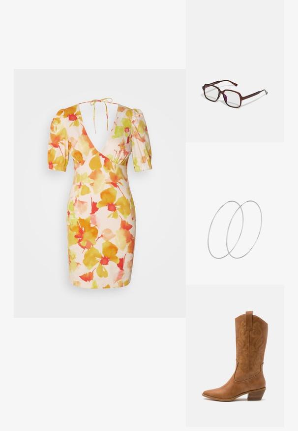 Īsais ziedu kleita rozā krāsā, ar pūkainām piedurknēm, dziļu V-veida kakla izgriezumu un akvareļa stilā zeltaini dzeltenu, oranžu un sarkanu ziedu rakstiem.; Brūni ādas kovboju zābaks ar norādītu purngalu, izšūtām viļņveida apakšējo detaļu un sakrautajiem blokiem. Iezīmēts ar velkšanas cilpu ērtai uzvilkšanai.; Brūnas, taisnstūra formas brillēs ar caurspīdīgām lēcām un purpura nokrāsām. Gluda plastmasas apdare ar taisnām tempļiem un smalkiem akcentiem.; Sudraba gredzenveida auskari ar minimālistisku dizainu. Cirkulāra forma, gluda tekstūra un plāns profils. Vieglu svaru ar spīdīgu apdari.