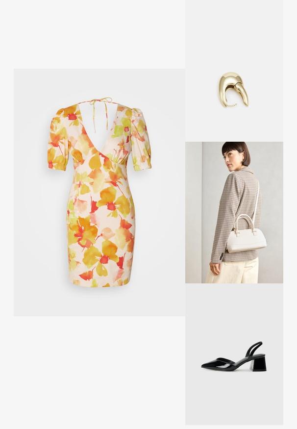 Rochie florală scurtă în nuanțe de roz, cu mâneci bufante, decolteu adânc în V și motive florale în stil acuarelă în nuanțe de galben, portocaliu și roșu.; Pantofi cu toc slingback din piele lacuită neagră, cu vârf ascuțit și toc geometric. Prezintă un design elegant, minimalist și o textură netedă.; Geantă structurată albă, cu mânere scurte și curea de umăr, având accente din metal aurit și material texturat, expusă pe un fundal gri.; Cercei din metal de culoare aurie cu un design elegant și curbat. Prezintă o formă distinctivă, ascuțită, o suprafață lustruită și un sistem de închidere cu balama.