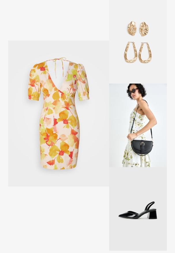Krátke kvetinové šaty v ružovej farbe s balónovými rukávmi, hlbokým V-výstrihom a vzorom kvetov v pastelových odtieňoch žltej, oranžovej a červenej farby.; Čierne lakované kožené sandálové podpätky s špicatou špičkou a geometrickým blokovým podpätkom. Disponujú elegantným, minimalistickým dizajnom a hladkým povrchom.; Čierna kožená kabelka s zaobleným tvarom, odnímateľným popruhom a zlatými doplnkami. Kabelka má klopu s detailom s prackou.; Náušnice v zlatej farbe s textúrovanými, vlnitými tvarmi. Obsahujú sochárske klipsové náušnice a otvorený tvar krúžku s kladivkovým povrchom.