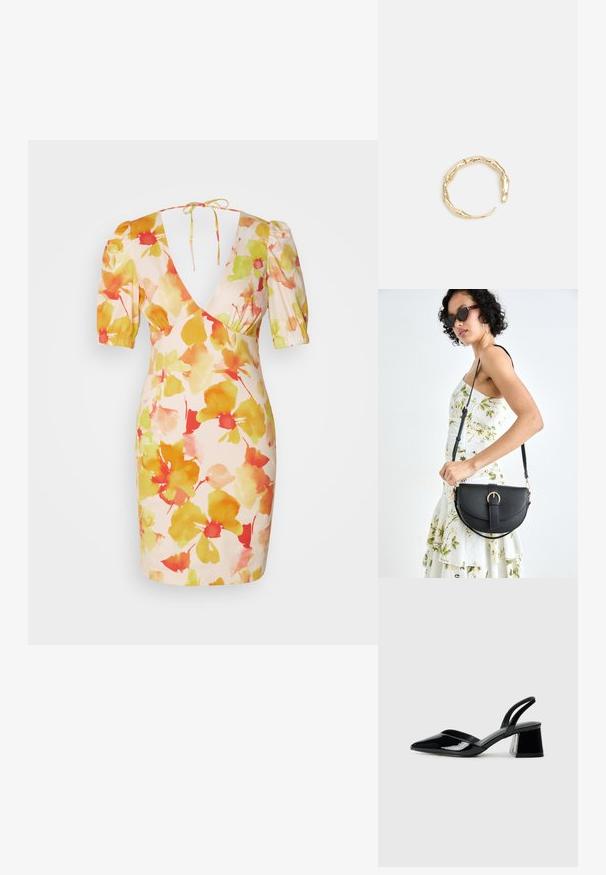 Trumpalaikė gėlių suknelė rožinės spalvos, turinti pūkuotas rankoves, gilų V formos iškirpimą ir akvarelės stiliaus geltonų, oranžinių bei raudonų gėlių raštus.; Juodos lakuotos odinės šlepetės su smailiu pirštu ir geometriniu bloko kulnu. Turi elegantišką, minimalistinį dizainą ir lygų paviršių.; Juodas odinis krepšys su išlenkta forma, nuimamu dirželiu ir auksiniais detalėmis. Krepšys turi kilpą su sagtimi.; Auksinės spalvos žiedas, turintis organišką, sukimosi dizainą su lygiu paviršiumi ir siaurėjančiais galais, sukuriantis modernią skulptūrinę išvaizdą.