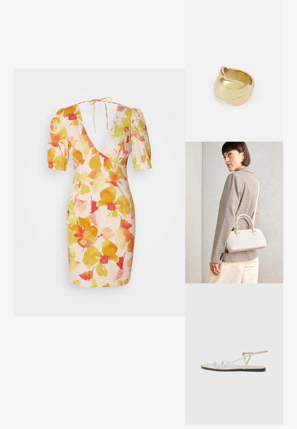 Vestido floral curto em rosa, com mangas bufantes, decote em V profundo e padrões de flores em estilo aquarela nas cores amarelo, laranja e vermelho.; Sandália plana bege com várias tiras finas e uma fivela ajustável. A sola é plana com um leve contraste escuro na borda.; Bolsa estruturada branca com alças curtas e uma alça de ombro, com detalhes em hardware dourado e material texturizado, exibida contra um fundo cinza.; Anel dourado com um design liso e torcido. Apresenta uma superfície polida e bordas arredondadas, criando uma forma fluida e sem costura.
