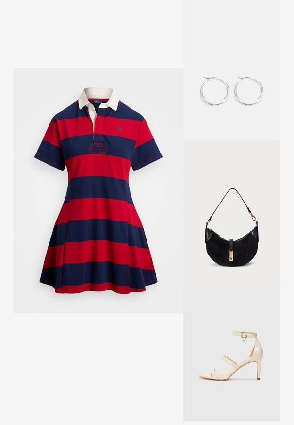 Vestido polo listrado em vermelho e azul-marinho, com colarinho branco, mangas curtas e um logótipo bordado. Feito de tecido de algodão com uma saia evasé.; Sandálias de salto alto bege com tira fina no tornozelo e duas tiras superiores. Acabamento em patentes brilhantes e detalhe em dourado na tira do tornozelo.; Mala preta com forma curve, feita de camurça e couro, com um fecho de correr dourado e um detalhe com o logótipo. Inclui uma alça curta.; Brincos de argola prateados com um design suave e arredondado, apresentando um perfil fino e um fecho seguro. Estilo minimalista com um acabamento polido.