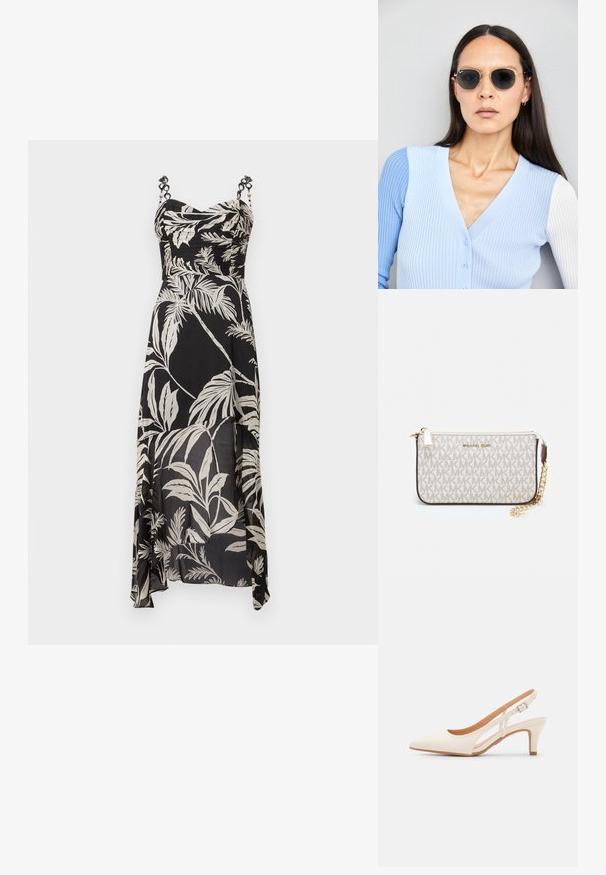 Čierna maxi šaty s bielym vzorom palmových listov, s riasenou bodicou a nastaviteľnými ramienkami s dekoratívnymi kovovými prvkami. Ľahká, splývavá látka.; Biele slingback topánky na podpätku s ostrou špičkou, hladkým vrchným materiálom, nízkym blokovým podpätkom a bočným výrezom s nastaviteľným remienkom na pracku.; Okrúhle slnečné okuliare s tmavými šošovkami a zlatým rámom. Modelka má na sebe svetlomodrý pletený kardigán s gombíkmi a bielymi rukávmi v kontraste.; Michael Kors zápästná taška v béžovej potiahnutej plátenej tkanine s opakujúcim sa vzorom loga MK, zlatým kovania a odnímateľným reťazovým popruhom.