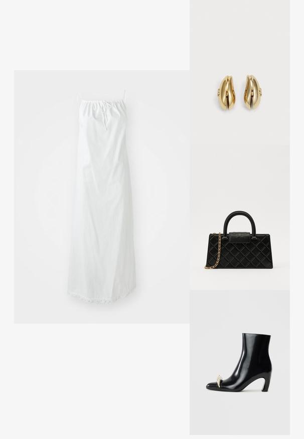White cotton maxi dress with adjustable spaghetti straps, gathered neckline, and scalloped hem detail. Smooth texture and flowing design.; Black ankle boot made of glossy leather, featuring a pointed toe and a decorative gold and silver accent at the front. Block heel design.; Black handbag made of textured leather, featuring a diamond pattern, gold-tone chain strap, and a top handle with a logo-embossed flap closure.; Gold-tone earrings with a flowing, curved design. Each earring features a smooth surface and a small clasp with a decorative detail.