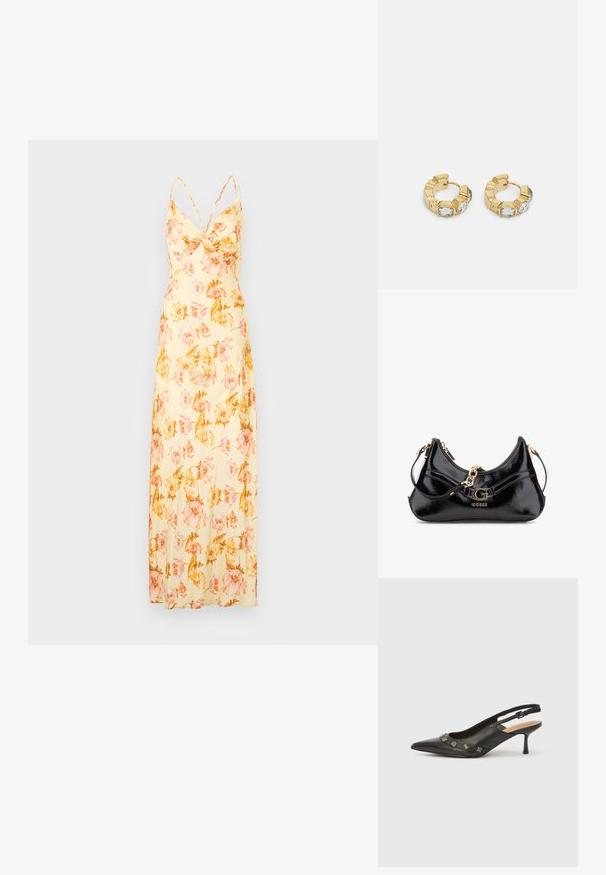 Malina CORNELIA DRESS - Dolga obleka - lemon/peony; Črna usnjena čevlja s slingback zasnovo, špičastim sprednjim delom, nizkim petam in dekorativnimi kovinskimi poudarki ob sprednjem odprtju. Gladek tekstura.; Črna lakasta torba z ukrivljenim dizajnom, z zlatimi kovinskimi dodatki in izrazitim logotipom. Vključuje snemljiv rame podloženi trak.; Zlati uhani v obliki obroča z teksturiranim dizajnom in tremi prozornimi kristalnimi poudarki na eni strani, ki ponujajo sodoben geometrijski estetski videz.