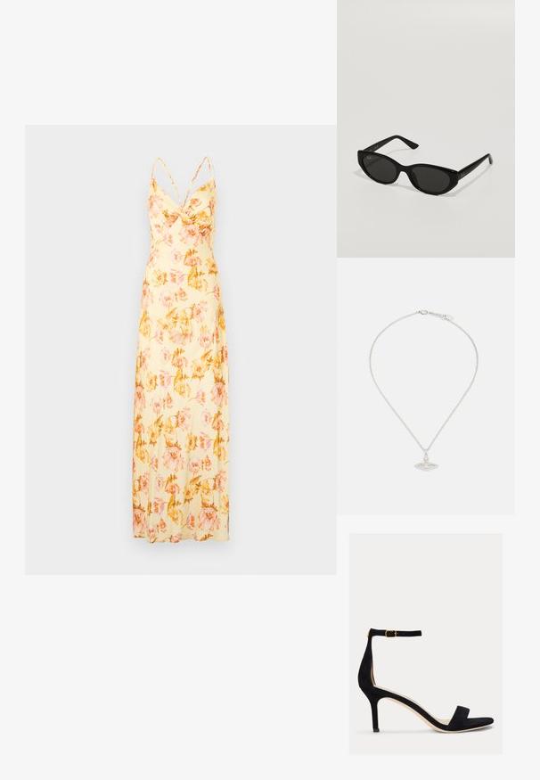Malina CORNELIA DRESS - Maxi šaty - lemon/peony; Lauren Ralph Lauren ALLIE MID HEEL SUEDE SANDAL - Sandále - black; Čierne slnečné okuliare s úzkym, mačacím tvarom. Vyrobené z hladkého plastu, s tmavými sklami a jemnými logo akcentami na spánkoch.; Strieborný náhrdelník s jemným reťazcom a oválnym príveskom so zložitými detailmi a malým akcentom drahého kameňa.