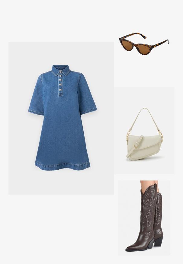 Denimkjole med krage, korte ermer og fem metallknapper foran. Blått stoff med en glatt tekstur og lett falming.; Brune skinncowboystøvler med spiss tå og blokkhelt, med detaljerte sømmer og hevede detaljer på skaftet.; Kattøye solbriller med en svart og oransje skjellramme, brune linser og elegante, spisse tupper. Har en minimalistisk logo på stangen.; Liten kremfarget håndveske med teksturert overflate, lang justerbar stropp, kjedeakenter og klaffelukking. Detaljer i gullfarge.