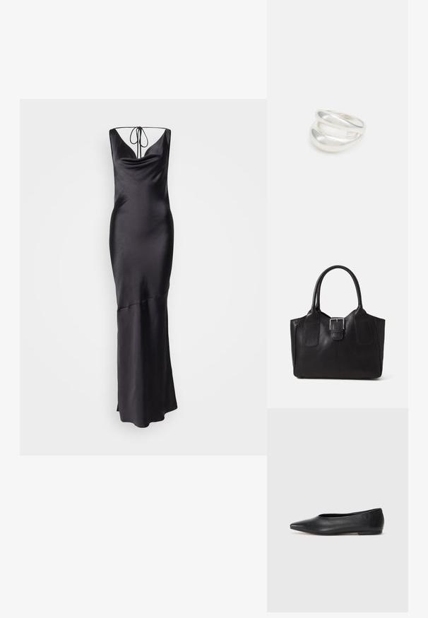 Črna satenska večerna obleka s poudarjenim dekoltejem, nastavljivimi vezalkami in prilegajočim se krojem, ki prehaja v razširjen rob.; Črne usnjene balerinke, koničast toe, minimalističen dizajn, gladka tekstura, nizka peta, brez vidnih kovinskih delov ali okraskov.; Črna usnjena torba s gladko teksturo, strukturirano obliko, dvema ročkama in izrazitim srebrnim sponko na sprednji strani.; Srebrn dvojni prstan z gladko, polirano površino. Ima tekoč, ukrivljen dizajn z prekrivajočimi se sekcijami za sodoben videz.