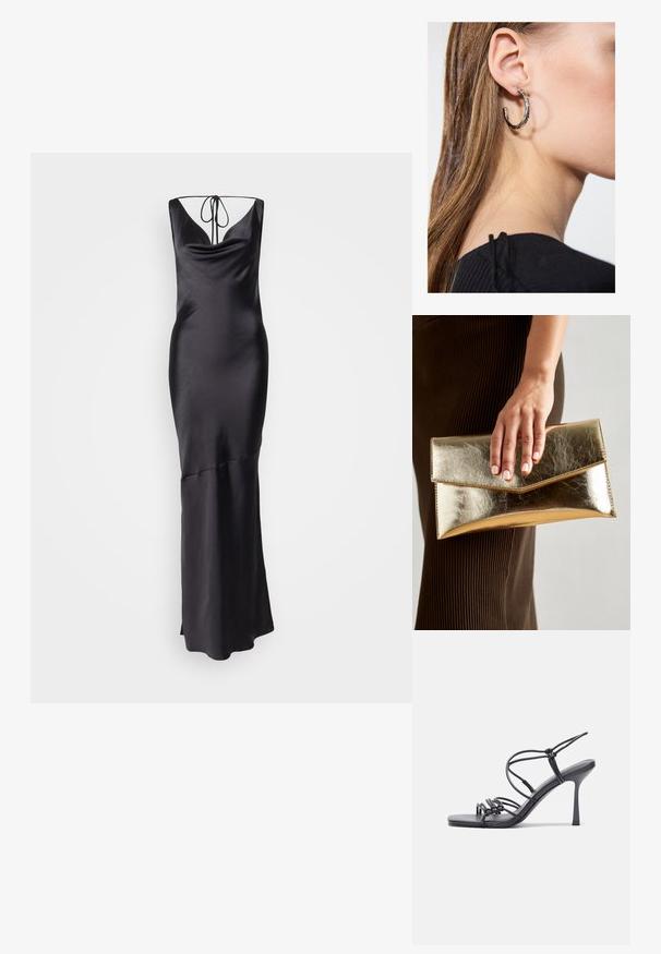 Juodas satino vakarinis suknelė su apvalia iškirpte, reguliuojamomis kaklo juostelėmis ir prigludusia siluetu, kuris pereina į plačią apatinę dalį.; Juodos aukštakulnės sandalai pasižymi plonyčiais dirželiais su mazgo dizainu, lygiu kvadratiniu pirštu ir elegantišku stiletto kulnu.; Auksinės metalinės rankinės su lygiu paviršiumi, kuri turi trikampio formos užsegimą. Ranką laikančioji turi tvarkingai prižiūrėtus nagus.; Sidabrinė lankinė auskarai su poliruotu paviršiumi, turintys mažus auksinius akcentus ir apvalią formą, dėvimi ant ausies kaušelio.