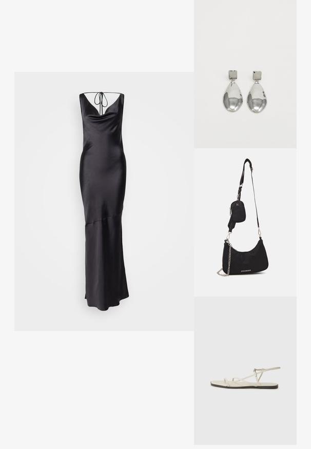 Črna satenska večerna obleka s poudarjenim dekoltejem, nastavljivimi vezalkami in prilegajočim se krojem, ki prehaja v razširjen rob.; Beige ravne sandale z več tankimi trakovi in nastavljivim zaponcem. Podplat je raven z rahlo temnim kontrastom na robu.; Črna najlonska torba za rame s ukrivljenim oblikom, s srebrnim verižnim dodatkom, odstranljivim mini žepkom in nastavljivim trakom; vsebuje logotip "Steve Madden".; Srebrni uhani z kvadratnim studom, ki imajo gladko, polirano površino in obliko kapljice, ki odbija svetlobo z sijočo površino.