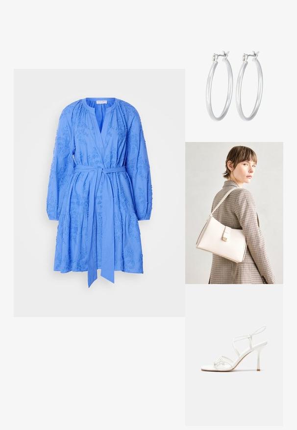 Plava haljina do koljena od pamuka s dugim rukavima, V-izrezom, pojasom u struku i vezom cvjetnih uzoraka po cijeloj haljini.; Bijele sandale s visokom potpeticom i trakama, ravno oblikovanim prstima, teksturiranim prednjim dijelom s naboranim detaljima i uskom trakicom oko gležnja.; Bijela kožna torba s čvrstim dizajnom, s magnetskim kopčanjem i remenom za rame, prikazana na neutralnoj pozadini.; Srebrne kružne naušnice s glatkom, poliranom površinom. Okrugli oblik i sigurno kopčanje na klik. Lagani dizajn pogodan za svakodnevno nošenje.