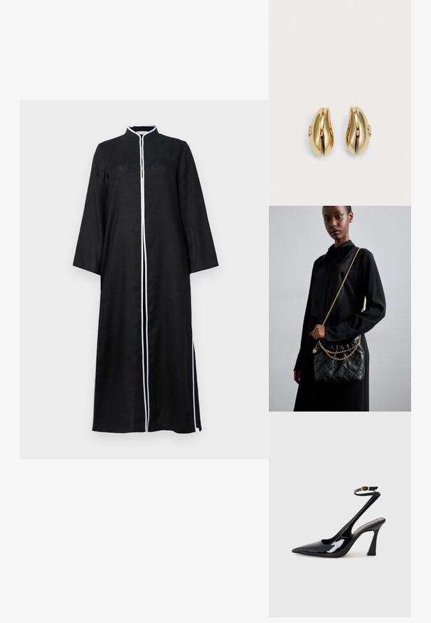 Čierne šaty s dlhým rukávom a vysokým golierom, so bielym lemovaním pozdĺž prednej strany a bočnými rozparkom, vyrobené z ľahkej tkaniny.; Čierne lakované kožené lodičky na podpätku s špicatou špičkou, nastaviteľným popruhom okolo členka a stredne vysokým blokovým podpätkom. Hladký povrch s lesklým finišom.; Čierna prešívaná kožená kabelka s naťahovacím vrchom, zlatým reťazovým popruhom a obdĺžnikovým tvarom, držaná pred jednoduchým pozadím.; Náušnice zlatého odtieňa s plynulým, zakriveným dizajnom. Každá náušnica má hladký povrch a malú sponu s dekoratívnym prvkom.