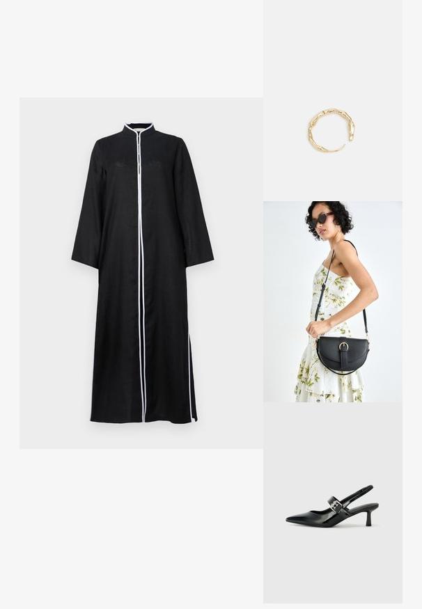 Melns garās piedurknes kleita ar augstu apkakli, kurai ir balta apdare gar priekšpusi un sānu šķirbām, izgatavota no viegla auduma.; Melnas lakotas ādas sūkņa kurpes ar norādītu purngali un mazu bloku papēdi, ar sudraba sprādzi akcentā uz jostas.; Melnas ādas rokassoma ar izliekta formu, noņemamu siksnu un zelta aksesuāriem. Somai ir vāciņš ar sprādzes detaļu.; Zelta toņa gredzens ar organisku, vērptu dizainu, gludu virsmu un sašaurinātiem galiem, radot mūsdienīgu, skulpturālu izskatu.