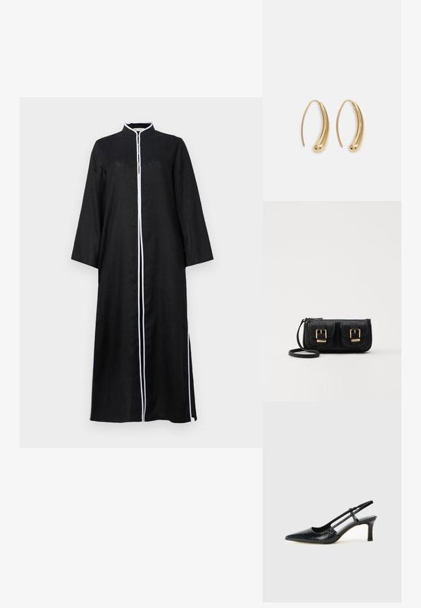 Černé dlouhé šaty s vysokým límcem, zdobené bílým lemováním po přední straně a postranními rozparky, vyrobené z lehkého materiálu.; Černé lakované slingback podpatky s špičatou špičkou, zdobené texturovaným hadím vzorem, nastavovacím páskem a krátkým texturovaným blokovým podpatkem.; Černá kožená crossbody taška se dvěma předními kapsami, zlatými přezkami, zipovým uzávěrem a štíhlým popruhem. Texturovaný povrch a kompaktní obdélníkový tvar.; Náušnice ve tvaru kruhu z pozlaceného kovu s vroubkovaným, prodlouženým tvarem. Mají hladký, lesklý povrch a zaoblený konec pro zvýraznění detailu.