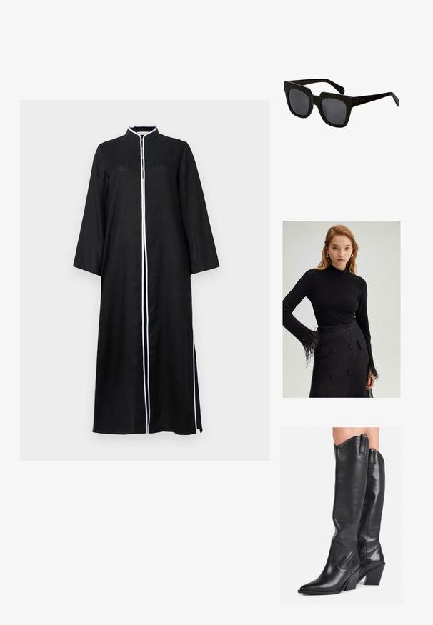 Svart långärmad klänning med hög krage, med vit piping längs framsidan och sidofickor, tillverkad av ett lätt tyg.; Svart långärmad topp med hög krage och fjäderdetaljer på ärmsluten, tillsammans med en högmidjad svart kjol med stora knappar.; Knähöga svarta läderstövlar med spetsig tå, texturerad yta och klumpig klack. Har sidoflikar för dragning och subtila sömnadssömmar.; Svarta rektangulära solglasögon med tjocka plastbågar och mörka linser. Bågarna är slanka med en glänsande yta och minimal märkning.; Svart läderhandväska med en böjd design, hårdvara i guldton, och ett handtag ovanpå. Har en snygg stängning och en mjuk yta.