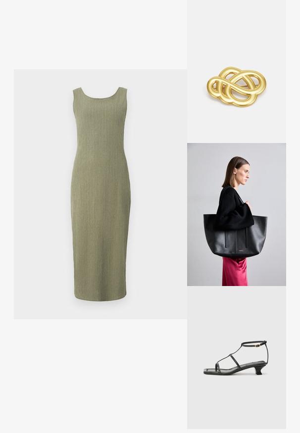 Pletené olivovozelené šaty s úzkym strihom, okrúhlym výstrihom a rebrovanou textúrou. Dĺžka po kolená, bez rukávov.; Čierna kožená sandála so štvorcovou špičkou, tenkými popruhmi, nastaviteľným pásikom okolo členka a nízkym podpätkom. Obsahuje malý zlatý akcent na popruhu.; Čierna kožená taška cez rameno s textúrovaným povrchom, obsahujúca dve vertikálne línie, dvojitými ramennými popruhmi a minimalistickým designom.; Brošňa v zlatej farbe s uzlovým dizajnom, hladkými, zakrivenými líniami a zložitým tvarom, ktorá odráža leštený povrch.