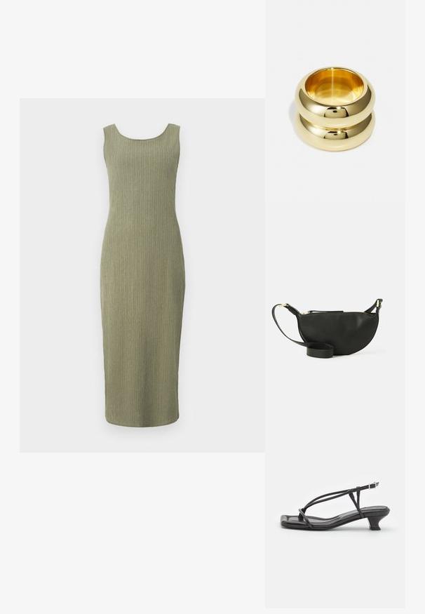 Olivazöld, kötött ruha, testhezálló sziluettel, kerek nyakkivágással és bordás textúrával. Térdig érő, ujjatlan fazon.; Fekete bőr szandál vékony pántokkal, alacsony blokk sarkú és négyzetes orrú. Csattal záródik és sima textúrájú.; Fekete bőr keresztpántos táska félhold formában, texturált felülettel, arany cipzárral és lapos pánttal. Kompakt kialakítás, amely a fontos dolgok számára alkalmas.; Aranyszínű dupla gyűrű sima, lekerekített formával. Tükörfényes felület, polírozott kivitel. A belső átmérő látható, kiemelve a formát és a textúrát.
