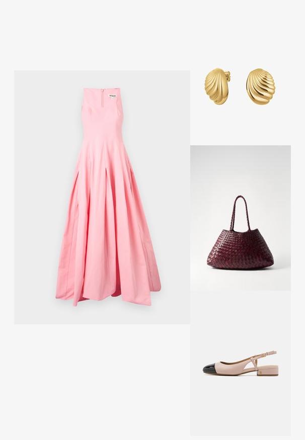 STAUD Společenské šaty - pearl pink; Sandalové boty na podpatku s růžovou koženou svrchní částí a lesklou černou špičkou. Mají malý blokový podpatek a nastavitelné zapínání kolem kotníku.; DRAGON DIFFUSION SANTA CROCE BIG - Kabelka - bordo; Náušnice ve tvaru mušle se zlatým tónem, s rýhovanou strukturou a lesklým povrchem. Zavěšení na pecku s bezpečným uzavřením.