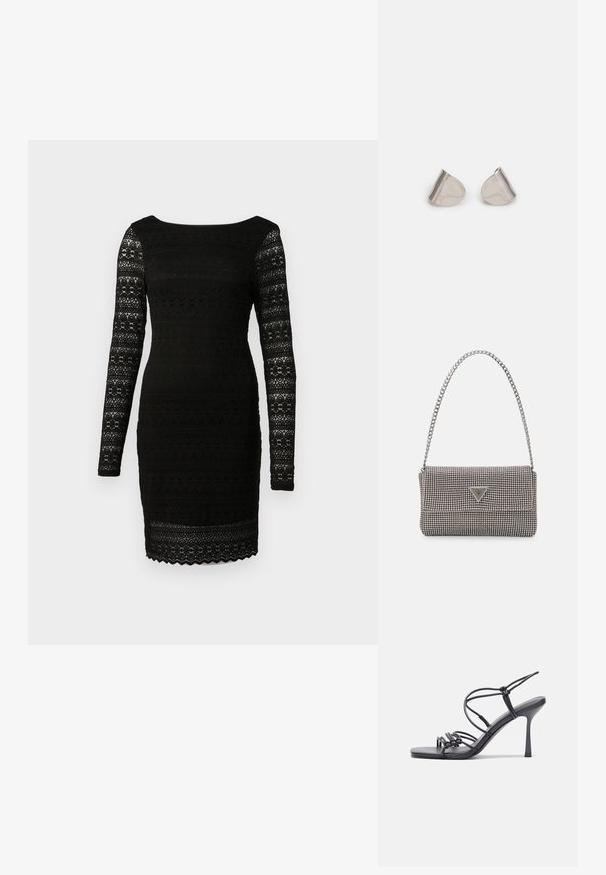Fekete csipke ruha hosszú ujjal, vállnál mély nyakkivágással, ezáltal testhezálló fazonnal, fodros szegéllyel és virágmintákkal.; Fekete magas sarkú szandálok vékony pántokkal, csomózott mintával, sima négyzetes orral és karcsú stiletto sarkal rendelkeznek.; Világosszürke fémes kézitáska lánc pánttal, kis kör alakú fém kifinomult díszítéssel és háromszög alakú márkagéppel.; Ezüst fém fülbevalók sima, csepp alakú formával és fényes felülettel. Finom gravírozások teszik részletessé. Minimalista dizájn.